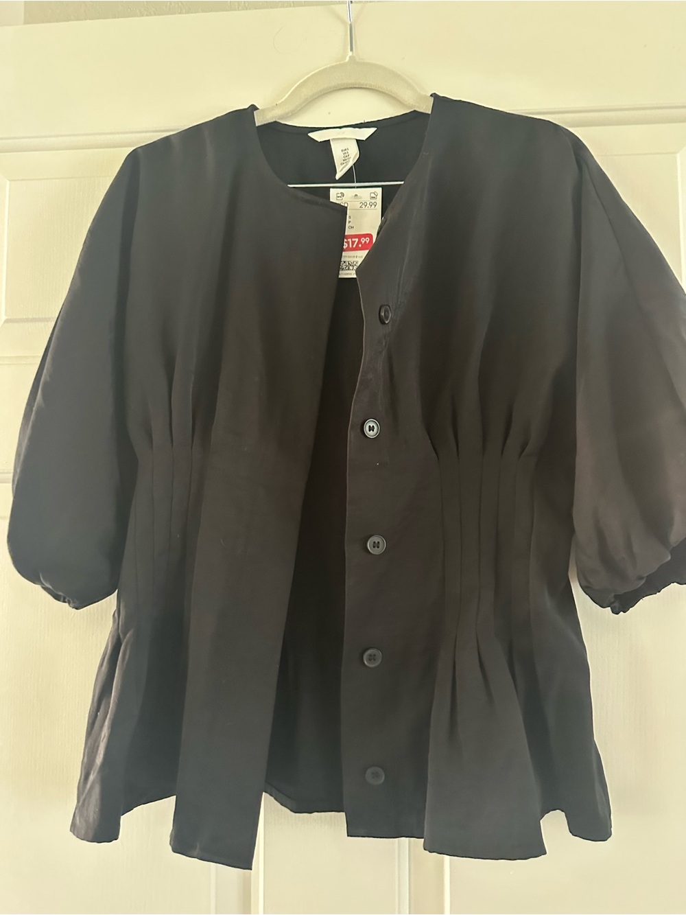 H&M Black Button-Front Puff Sleeve Blouse